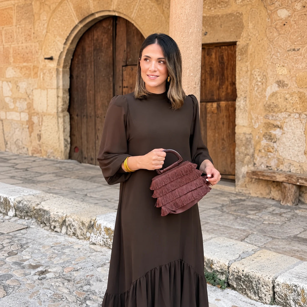 vestido marrom longo