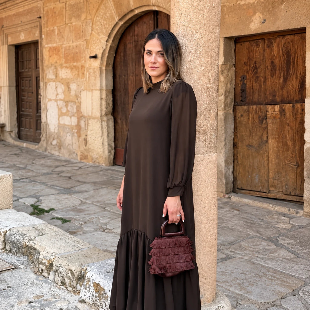 vestido marrom midi